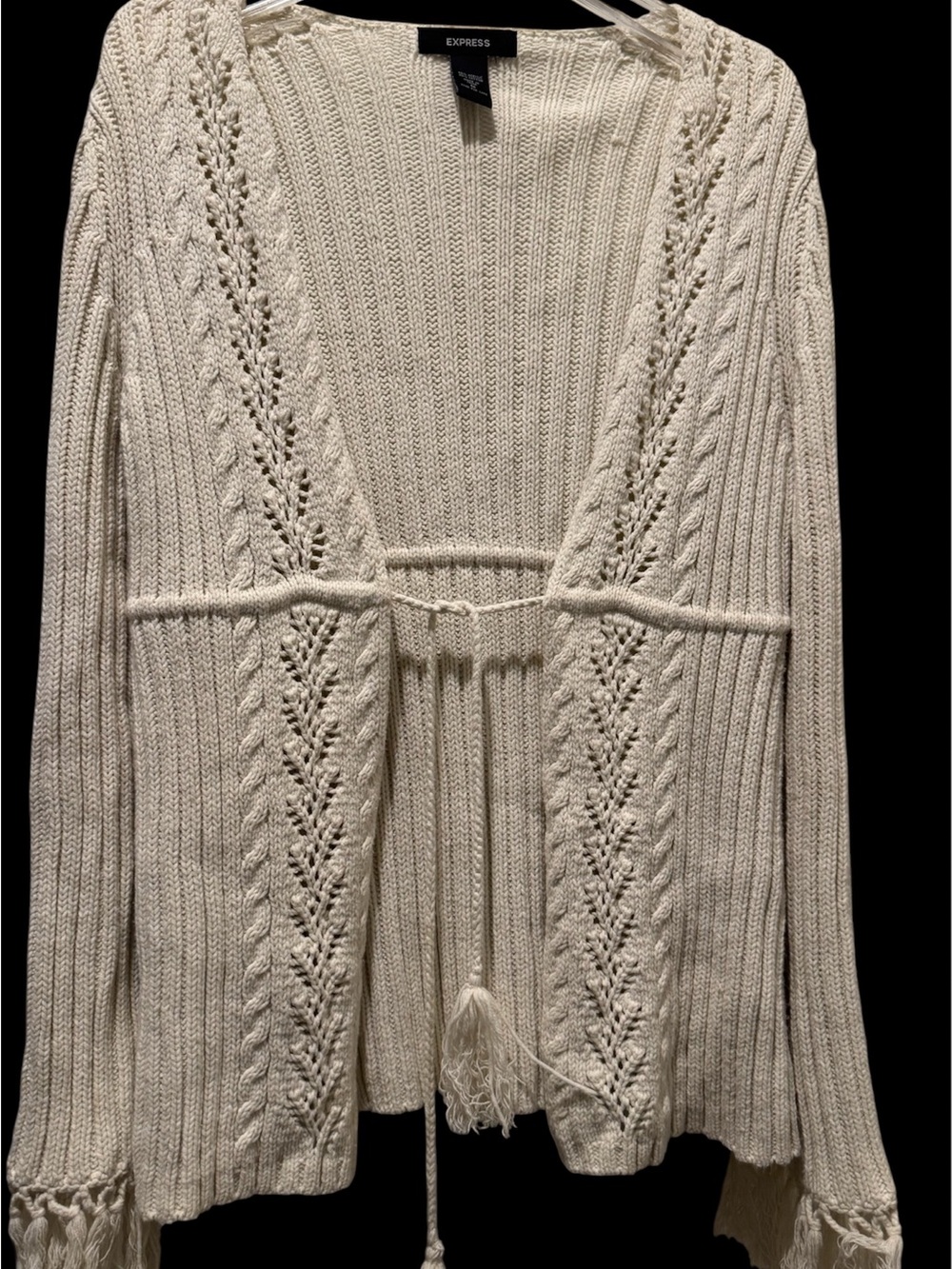 Express Cream Open-Front Knit Cardigan with Tie Detail